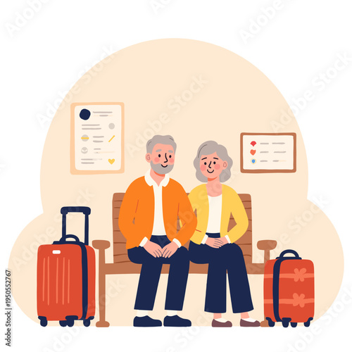 Elderly couple sitting together on bench with travel luggage. Elderly set