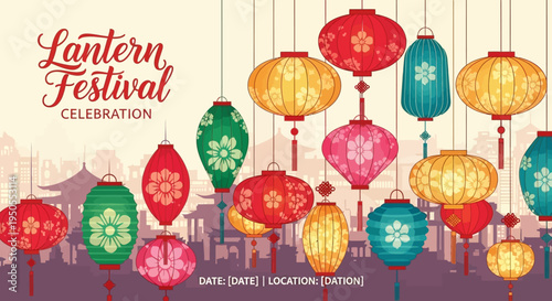 Colorful Lantern Festival Celebration with Traditional Asian Architecture