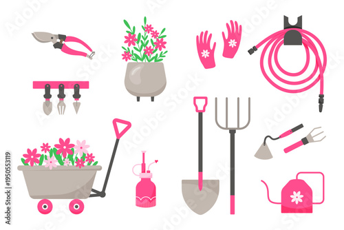 Set of pink gardening tools and spring garden elements including shovel, hose, gloves, pruners, watering can and flower pots. Colorful flat illustration collection for garden work and landscaping.