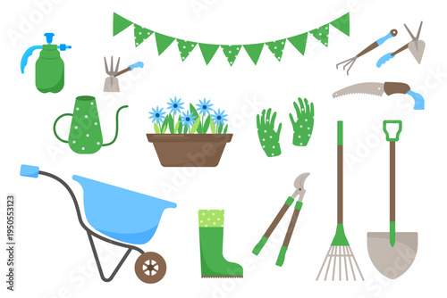 Colorful set of gardening tools and spring garden elements including wheelbarrow, rake, shovel, gloves, watering can and flowers. Flat style illustration collection for garden work and outdoor design.