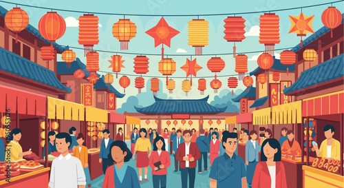 Crowded Asian Street Market with Lanterns During Festival Celebration