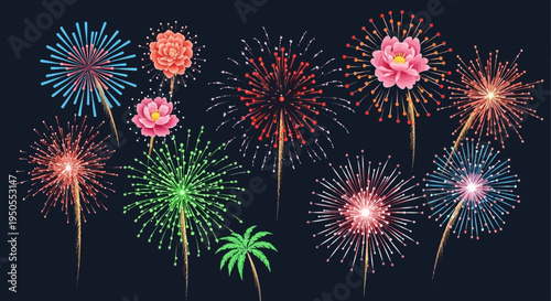 Vibrant Firework Explosions and Flowers on Dark Background