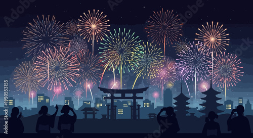 Vibrant Fireworks Display Over Japanese Cityscape with Torii Gate and Pagodas