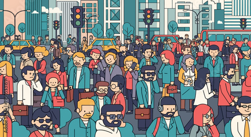 Crowded City Street Scene with Diverse People and Traffic