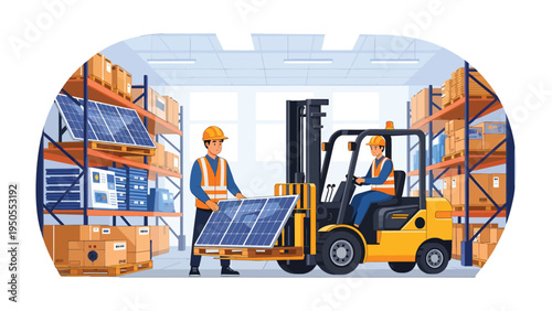 Solar Panel Logistics: Workers manage and transport solar panels with forklift in a warehouse filled with renewable energy equipment, symbolizing innovation and sustainable practices.