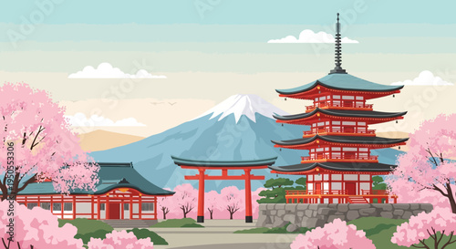 Iconic Japanese Landscape: Mount Fuji, Pagoda, Torii Gate, and Cherry Blossoms