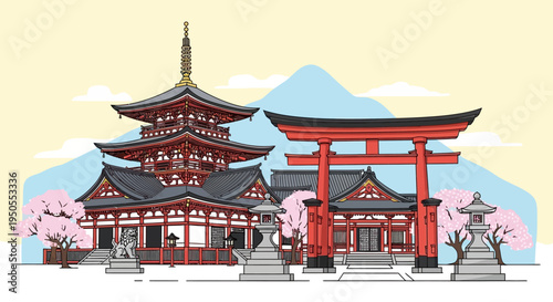 Iconic Japanese Temple Pagoda, Torii Gate, and Cherry Blossoms with Mountain Backdrop