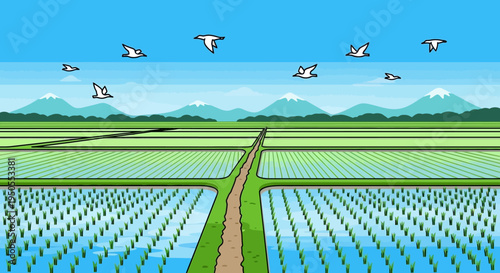 Idyllic Rice Paddies Under a Blue Sky with Flying Birds and Distant Mountains