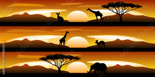 African savanna silhouettes at sunset giraffes elephants and landscapes