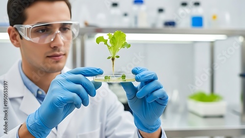 Scientist Examining Plant Specimen in Laboratory Setting.
