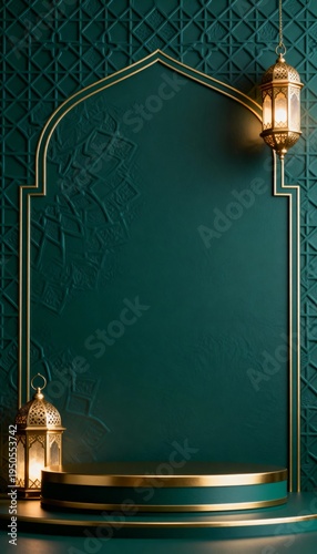 Islamic green background with gold lanterns and podium for product display. Ramadan Kareem and Eid Mubarak luxury greeting card concept. Vertical 3D illustration with copy space