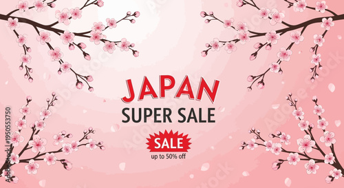 Japan Super Sale Banner with Cherry Blossoms and Pink Gradient Background