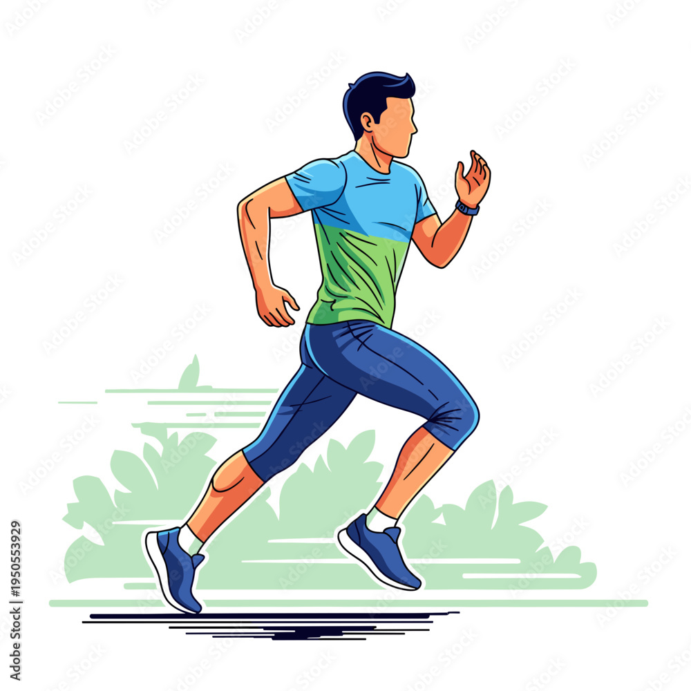Obraz premium A dynamic illustration of a man running outdoors, wearing athletic sportswear, depicting fitness and an active lifestyle.