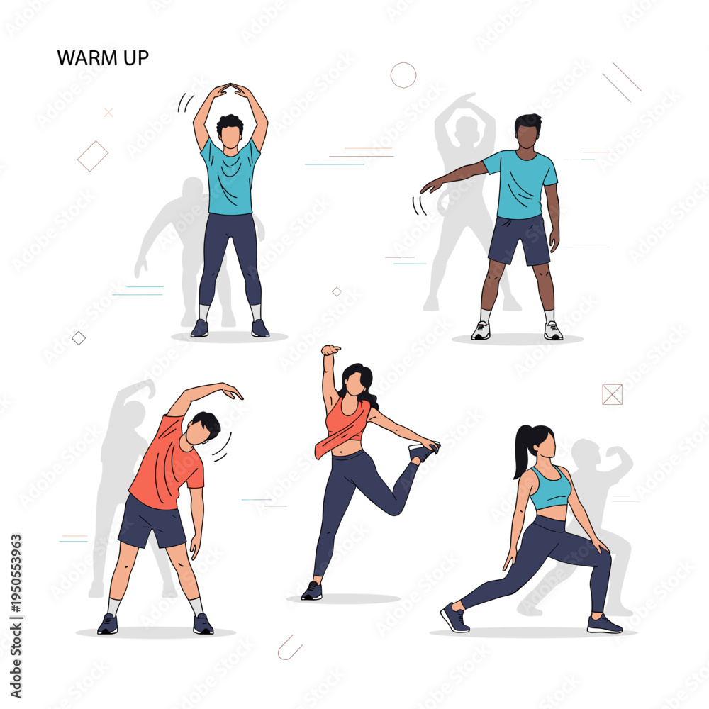 Fototapeta premium Illustration of diverse people performing various warm-up exercises before a workout, including arm circles, side bends, and leg stretches.