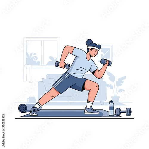 A person is doing bicep curls with dumbbells while exercising at home, demonstrating a healthy lifestyle.
