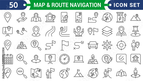 Map & Route Navigation icons in line style. Navigation, location, route map, traffic, pin, collection. Editable stroke. Vector illustration.