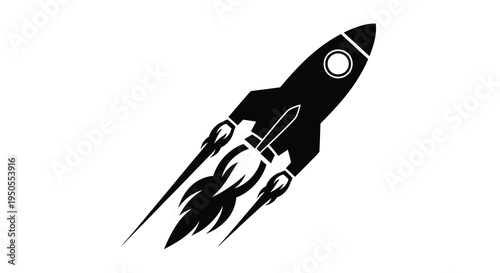 A sleek black rocket ship is depicted in flight leaving a trail of fiery exhaust against a white backdrop