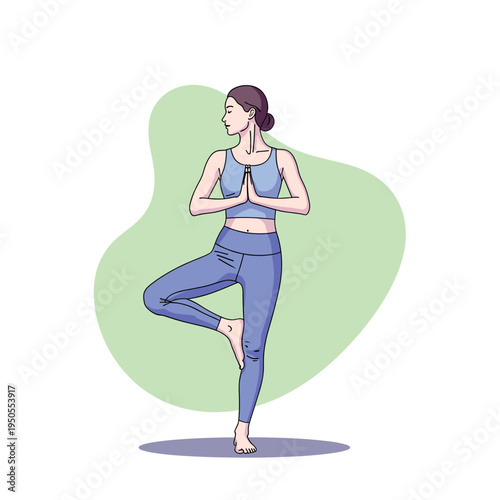 A woman in athletic wear performs the Vrksasana yoga pose, also known as the Tree Pose, demonstrating balance and mindfulness.