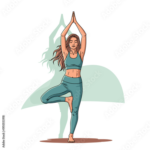 A woman in athletic wear performs the Vrksasana yoga pose, also known as the Tree Pose, with her hands pressed together above her head and one leg bent at the knee.