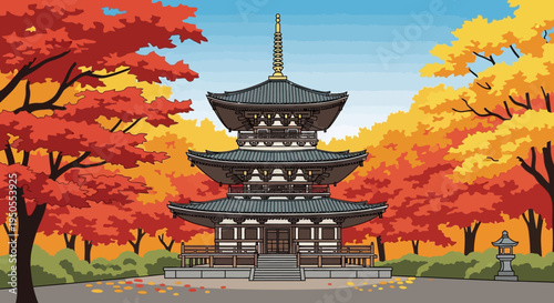 Japanese Pagoda Temple Surrounded by Vibrant Autumn Maple Trees in Japan