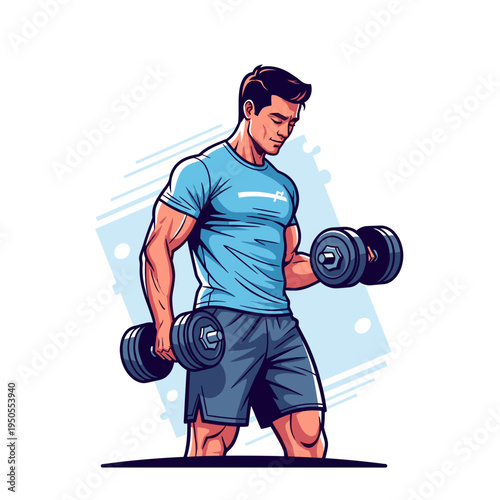 A muscular man in athletic wear performing bicep curls with dumbbells, showcasing strength and fitness.