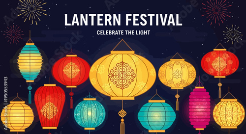 Vibrant Lantern Festival Celebration with Fireworks and Colorful Lanterns