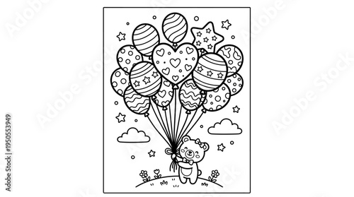 Colorful balloons tied to teddy bear.