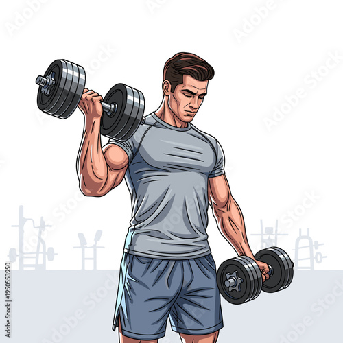 A strong, muscular man in a grey t-shirt and shorts performing bicep curls with heavy dumbbells in a gym setting, focusing on his workout.