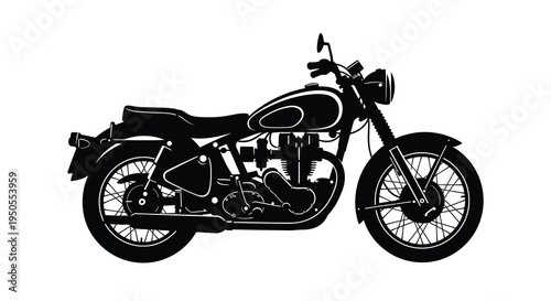 A striking black silhouette depicts a classic vintage motorcycle showcasing its curved lines and timeless design high quality professional