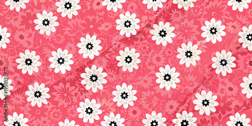 A vibrant red background adorned with repeating white daisy like flowers