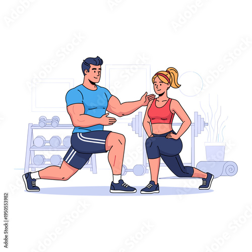 Personal trainer guiding a woman through a lunge exercise in a modern gym setting, focusing on proper form and fitness.