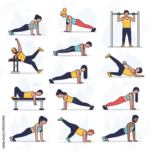 Collection of illustrated people performing various bodyweight exercises and fitness workouts for strength and health.