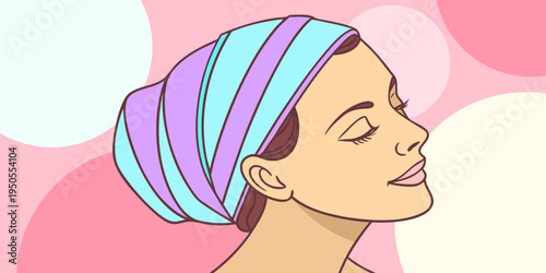Beauty and skincare concept showing a calm woman with towel wrapped hair in side profile. Minimal vector illustration representing spa treatment, self care, wellness, and natural cosmetic routine.
