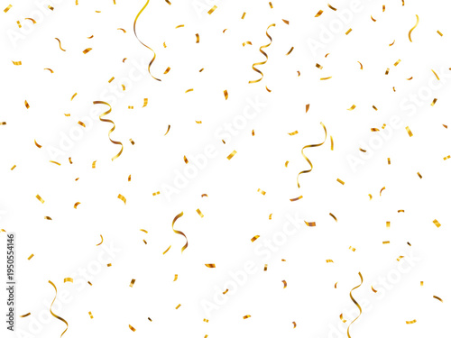 Realistic shiny decorative falling gold confetti and streamers isolated on transparent background