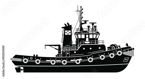 A striking black and white silhouette depicts a powerful tugboat showcasing its industrial design and maritime functionality high quality