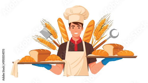 Artisan baker and his fresh bakery: A cheerful baker proudly displays a variety of freshly baked bread and pastries, showcasing his craft and the fruits of his labor.