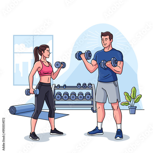 A man and a woman are working out together in a gym, lifting dumbbells for strength training and fitness.