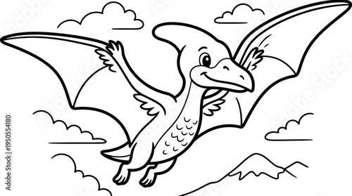 Smiling Cartoon Pterodactyl Flying High.