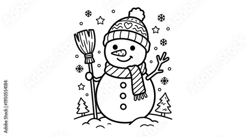 Snowman in winter clothing smiling.