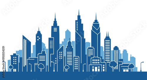 A stylized blue silhouette depicts a dense urban skyline with numerous skyscrapers and building forms high quality professional detailed