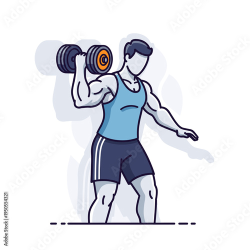 Stylized illustration of a muscular man in a blue tank top and dark shorts performing a dumbbell press, showcasing fitness and strength.