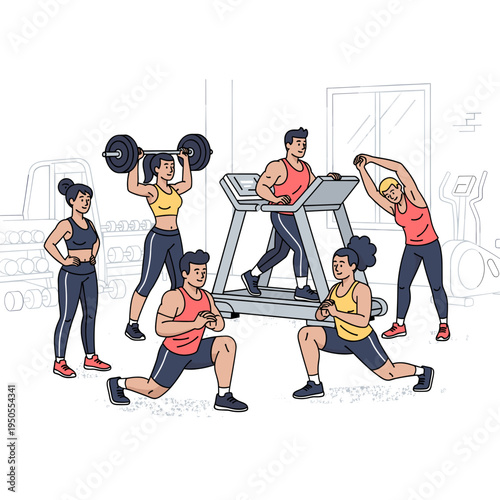 A diverse group of people engaging in various fitness activities and exercises in a modern gym setting, including weightlifting, running, stretching, and lunges.