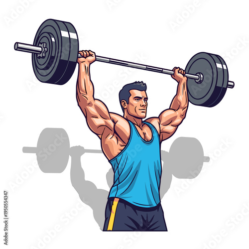 Muscular man performing an overhead barbell press, showcasing strength and fitness in a cartoon illustration style.