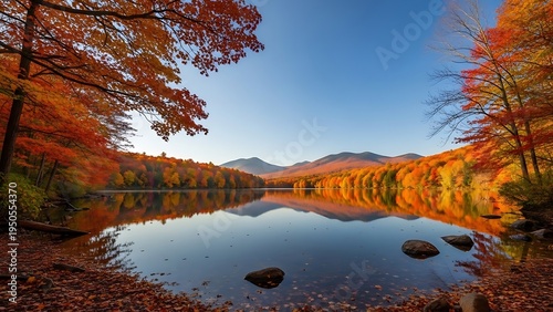 Serene Autumn Lake with Vibrant Foliage and Reflections.
