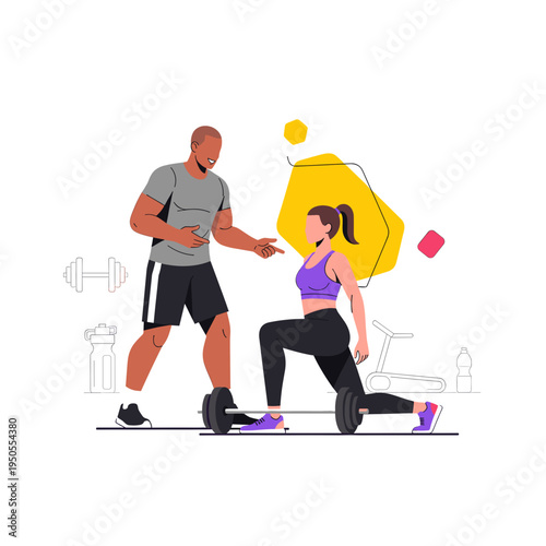 A male personal trainer guides a female client through a Bulgarian split squat exercise with a barbell in a gym setting.