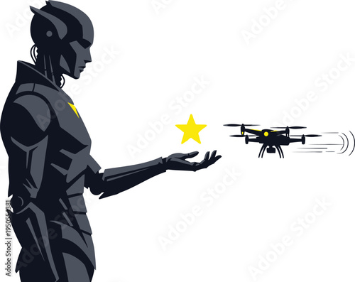 Robot controlling a drone with a yellow star
