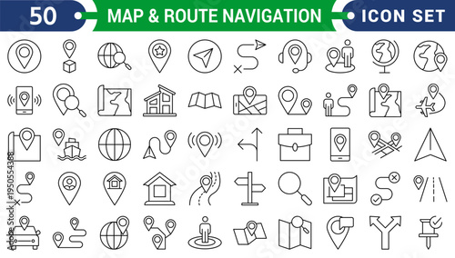 Map & Route Navigation icons in line style. Navigation, location, route map, traffic, pin, collection. Editable stroke. Vector illustration.