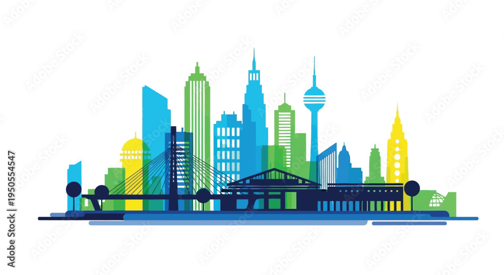 Obraz premium A colorful stylized illustration depicts a modern cityscape with iconic skyscrapers a bridge and a flat design aesthetic