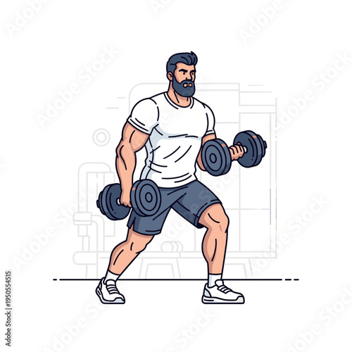 A muscular man with a beard performing dumbbell lunges in a gym setting, showcasing strength training and fitness.