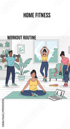 Four diverse people engaging in various home fitness activities, including meditation, weightlifting, stretching, and kettlebell exercises, with an online workout visible on a laptop.